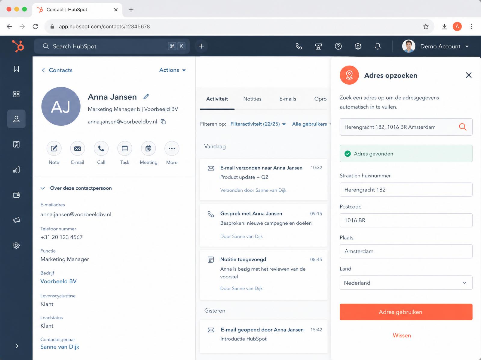 Preview of the app card in HubSpot with a filled Dutch address.
